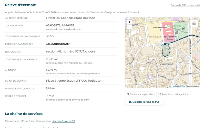 Fiche d'une adresse toulousaine, parcelle cadastrale tracée sur un fond de plan IGN, et relevé des services appelés en dessous