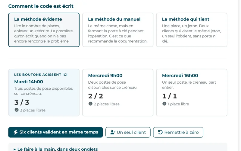 Sélecteur des trois façons d'écrire le code, trois créneaux d'atelier avec leurs postes disponibles, et le bouton qui lance six réservations simultanées