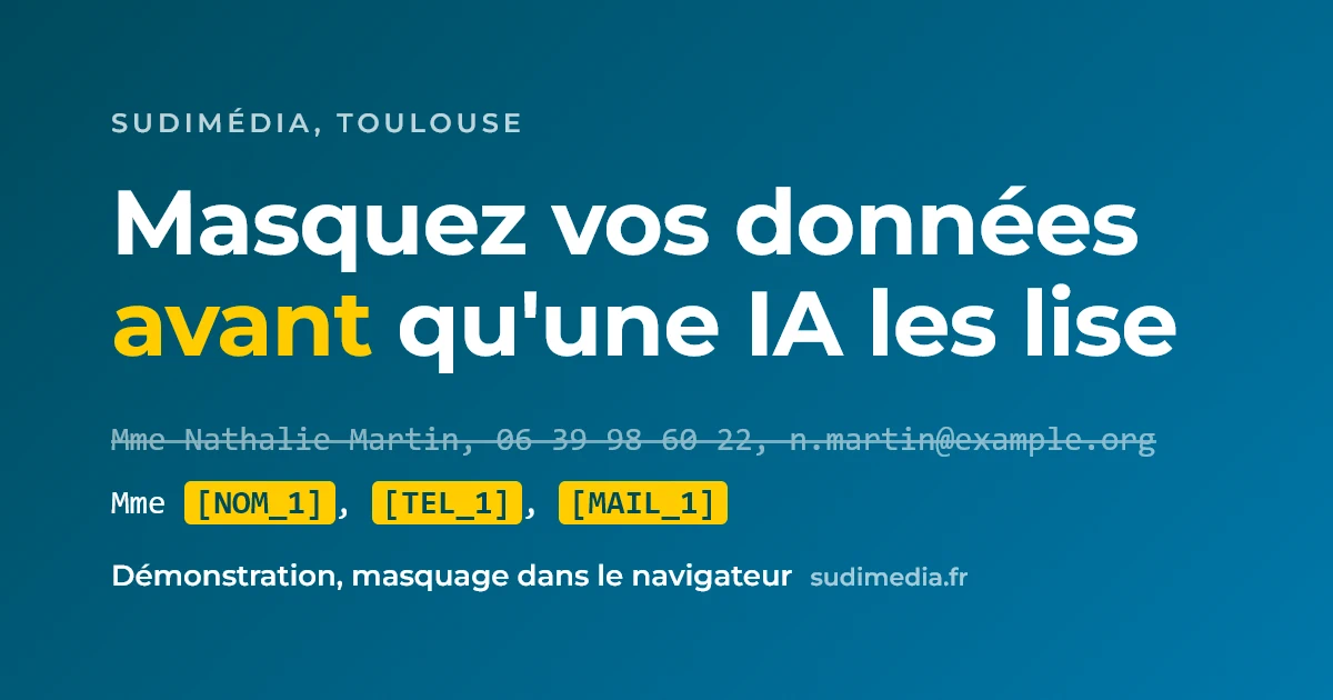 Deux lignes de texte sur fond bleu : la première, barrée, porte un nom, un téléphone et une adresse électronique en clair ; la seconde les remplace par des jetons jaunes entre crochets.