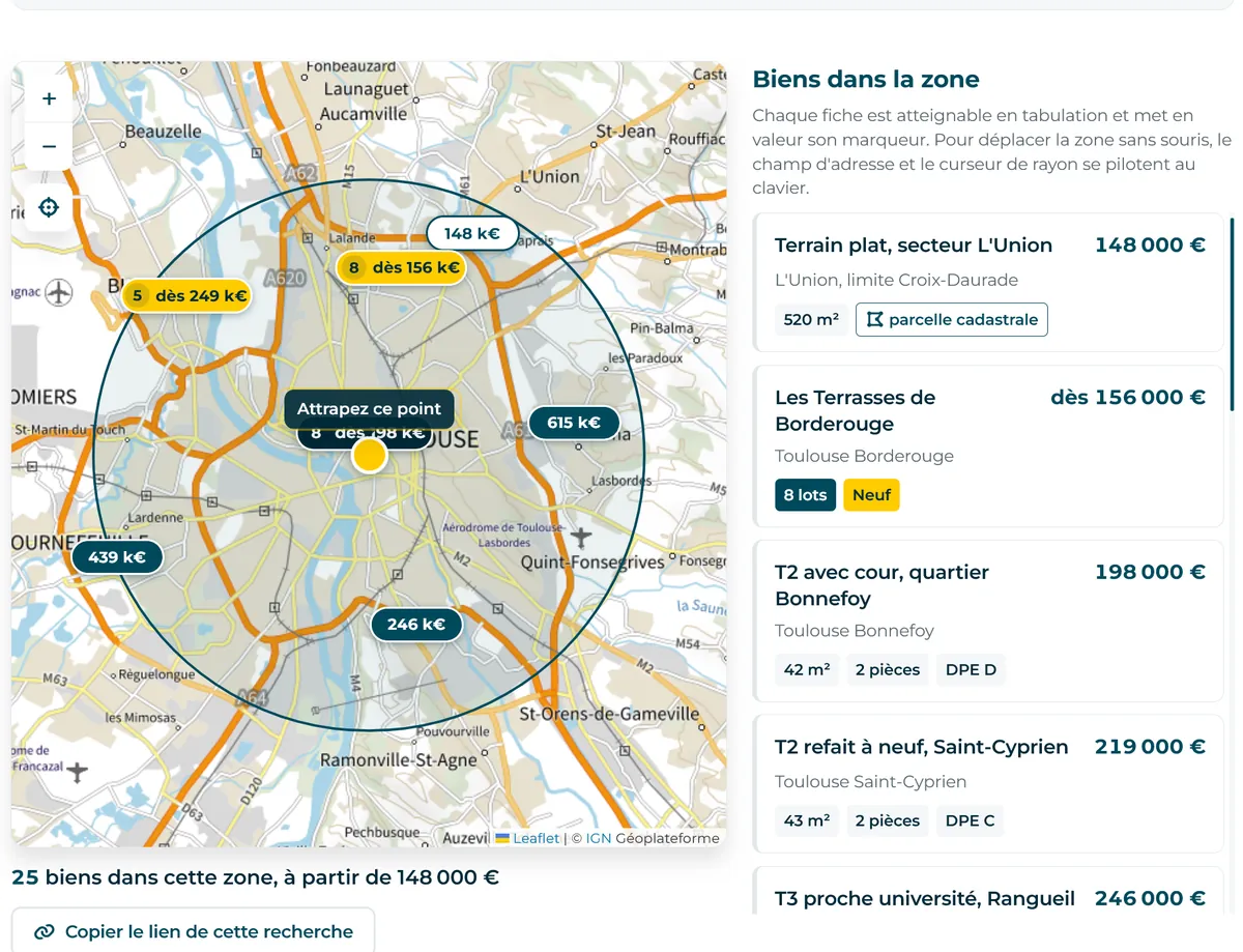 Carte de biens immobiliers centrée sur Toulouse, avec une zone de recherche circulaire, des pastilles de prix regroupées et la liste des biens à droite.