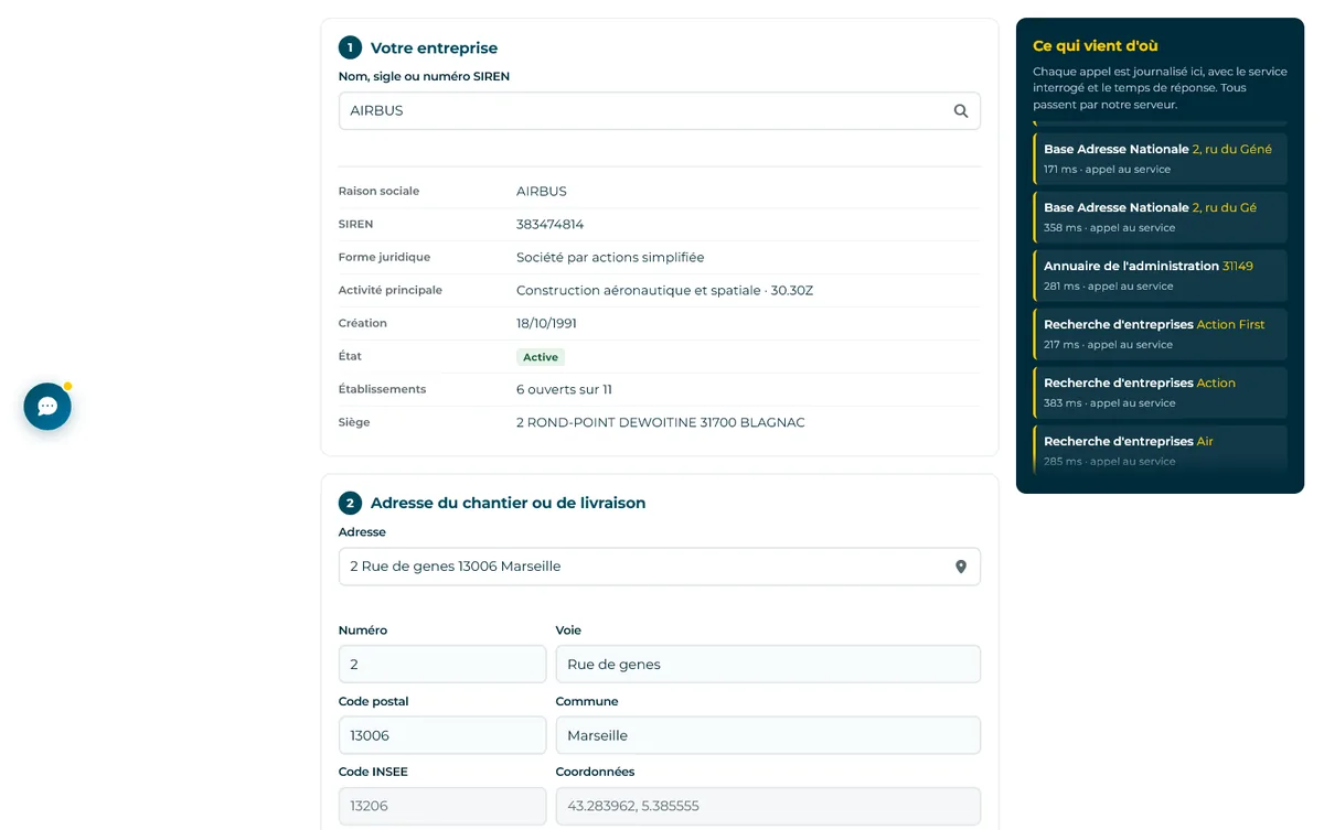 Formulaire de démonstration où le nom d'une entreprise fait apparaître sa fiche légale, où une adresse se décompose jusqu'au code INSEE, et où un journal liste à droite les appels aux services publics.