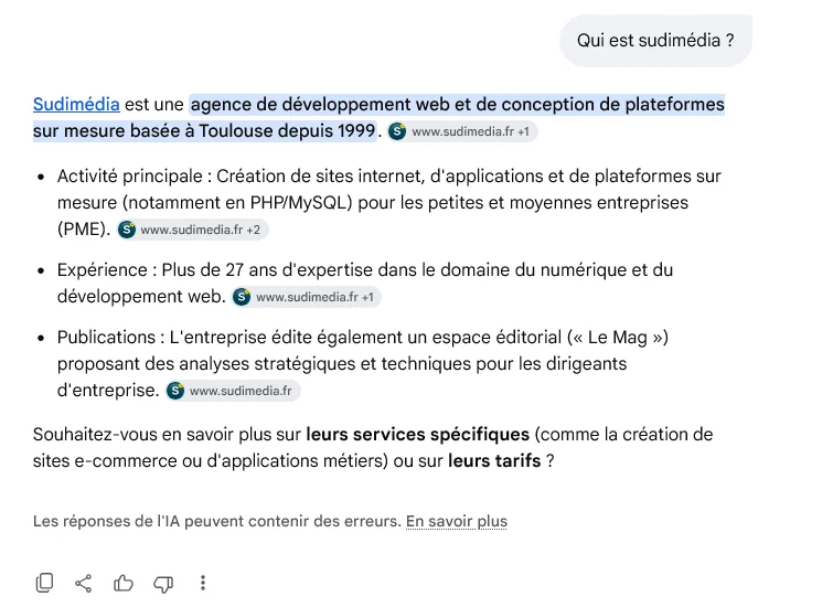 Première réponse du mode IA de Google sur Sudimédia, chaque affirmation accompagnée d'un lien vers sudimedia.fr