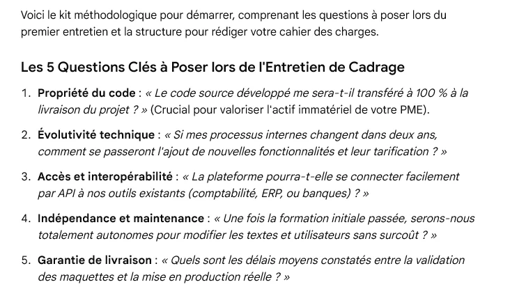 Cinq questions d'entretien de cadrage rédigées par l'IA et présentées entre guillemets, absentes du site de Sudimédia