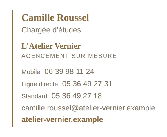 Signature de démonstration de Camille Roussel, chargée d'études à L'Atelier Vernier : mobile, ligne directe, standard, adresse et site.